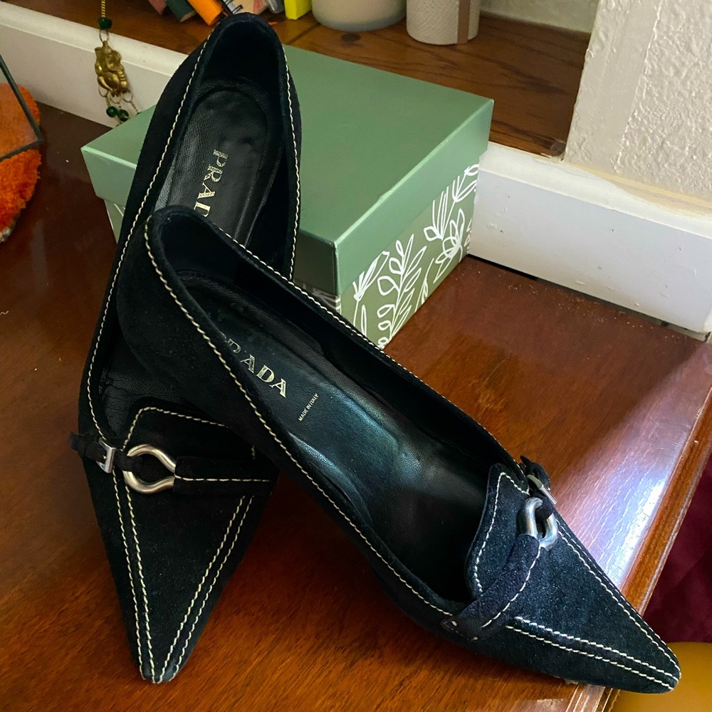 Authentic vintage Prada suede black kitten heels